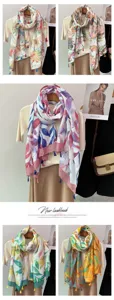 Floral print cotton linen feel scarf, elegant tassel shawl, summer travel sun protection accessory.