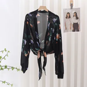 Women black floral chiffon sun protection cardigan, stylish beach cover up with tie front design.