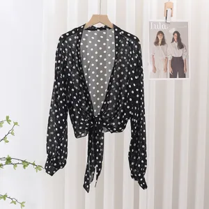 Black polka dot chiffon cardigan detail, sheer long sleeves and front tie closure in summer style.