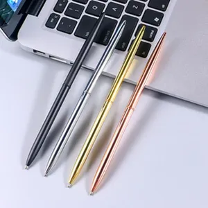 Detail view of four slim metal gel pens in black, silver, gold, and rose gold finishes.