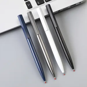 Minimalist metal ballpoint pen set, sleek hexagonal design, smooth writing office stationery.