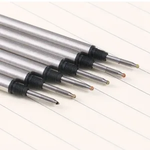 Close-up of metal rollerball pen refills with threaded spiral design for smooth writing.