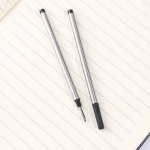 Metal rollerball pen refill detail closeup, 0.5mm threaded water-based pen core replacement.