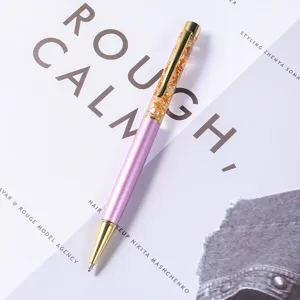 Metal liquid gold foil ballpoint pen with transparent crystal and pink body for office use