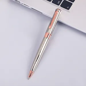 Professional metal ballpoint pen with silver grid barrel and rose gold trim for office gifts.
