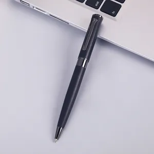 Business high-end metal ballpoint pen detail shot, sleek black finish, professional office supply.