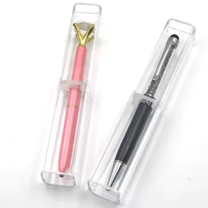 Clear plastic pen case set with crystal diamond ballpoint and touch stylus pens for office school gifts.