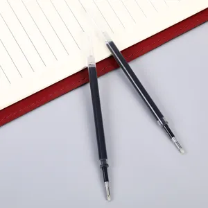 Detailed view of black gel pen refill, transparent plastic tube with tip protector, smooth.