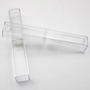 Transparent plastic pen box, clear square storage case for fountain pens and stationery.