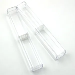 Detail shot of clear plastic pen box, transparent storage case for fountain pens and stationery.