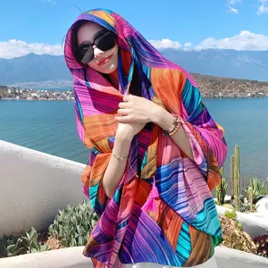 Vibrant ethnic style colorful sun protection scarf shawl for women beach vacation travel.