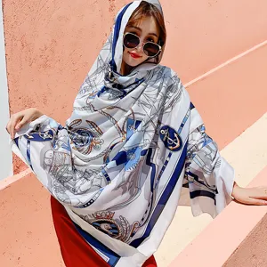 Summer fashion women silk scarf nautical anchor print beach shawl sun protection wrap 90cm