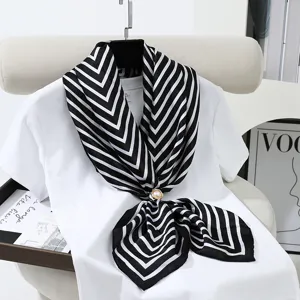 Black and white striped silk square scarf, elegant 90cm large neckerchief for women.