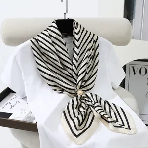 Minimalist black and white striped faux silk square scarf with pearl buckle for women.