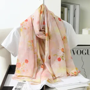 Floral print imitation silk scarf large summer shawl women fashion beach wrap accessory