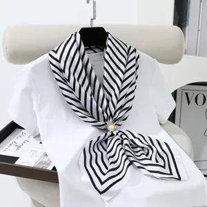 Classic black and white striped square scarf with pearl buckle for women elegant daily wear