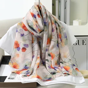 Floral imitation silk scarf large summer shawl lightweight elegant neck wrap women's accessory