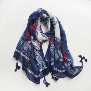 Mode Style Ethnique Imprimé Glands Écharpe Polyester Long Châle Doux Léger Décontracté Enveloppement Pour Femmes Usure Quotidienne