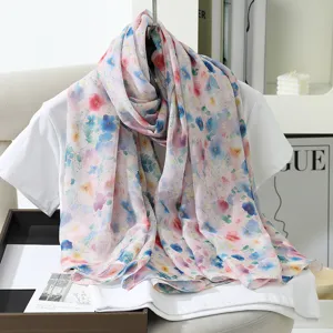 Summer floral print imitation silk scarf, elegant long shawl for women, fashion accessory.
