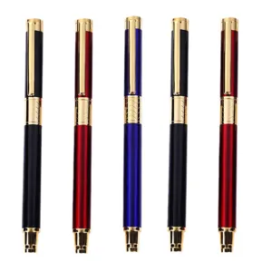 Juego de plumas estilográficas metálicas en varios colores con detalles dorados para oficina.