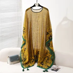 Kunstseide Sonnenschutz Schal Pullover für Damen, eleganter Blumenprint Oversize Strand Poncho.