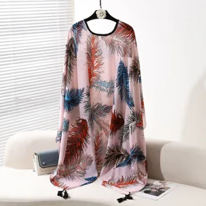 Sommer Damen Sonnenschutz Schal Poncho, rosa Federdruck Pullover Überwurf, Übergröße.