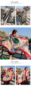 Detailed view of women elegant silk scarf featuring ethnic elephant and vintage carriage prints.