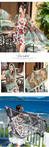 Detailed view of bohemian ethnic print resort scarf, lightweight beach shawl and sunscreen wrap.