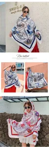 Details showing Asian model draping nautical print silk scarf shawl for summer vacation.