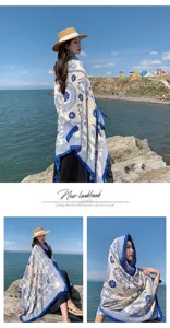 Ethnic style blue and white elephant print sun protection shawl scarf for women beach travel.