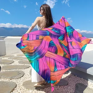 Oversized beach scarf vacation sun protection shawl colorful abstract print tassel boho sarong