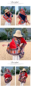 Detailed view of ethnic style sun protection shawl, featuring colorful floral print beach design.