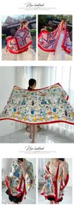 Elegant long silk scarf with artistic hand and floral print, perfect sun protection shawl.