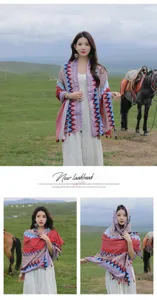 Ethnic style women scarf shawl geometric pattern tassel sun protection travel photography