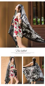 Summer sunscreen beach shawl, black and white printed lightweight scarf for holiday travel detail.
