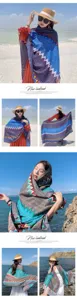 Detailed shots of ethnic geometric print tassel scarf worn during outdoor scenic travel.