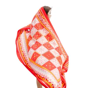 Red ethnic plaid silk scarf for women, vintage geometric print travel shawl and sun protection wrap.