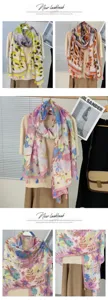 Echarpe en soie a fleurs colorees pour femme, foulard de plage d'ete leger et accessoire elegant.