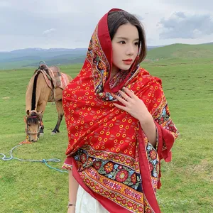 Bohemian Ethnic Geometric Print Scarf Women Long Tassel Shawl Lightweight Sun Protection Beach Travel Scarf Polyester