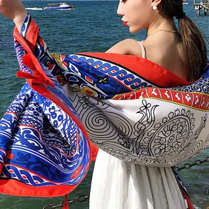 Women Vintage Ethnic Geometric Printed Long Shawl Fashion Vacation Sun Protection Scarf Lightweight Nylon Silk Wrap