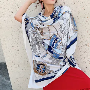 Women Fashion Satin Scarf Ethnic Style Geometric Print Long Shawl Vacation Sun Protection Scarf
