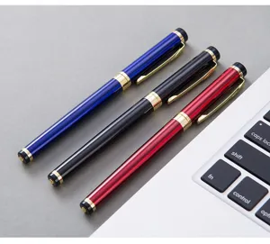 Metal fountain pen business gift set with gold trim available in blue black and red colors.