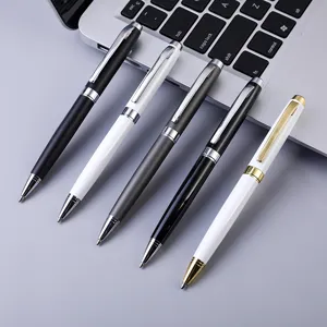 Metal ballpoint pen detail showcasing stylish colors, smooth rotation mechanism and clips.