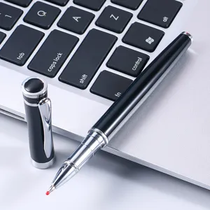 Professional business metal roller ball pen with sleek black body and silver trim for office.