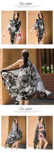 Detail view of the black and white printed beach shawl, showing fabric texture and styling.