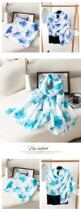 Women Spring Summer Blue Floral Print Scarf Lightweight Sunscreen Shawl Fashion Chic