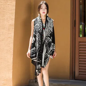 Black and white printed women beach scarf summer lightweight ethnic style shawl sunscreen wrap