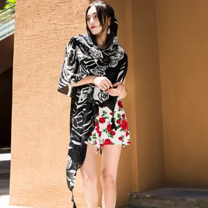 Black and white printed cotton linen scarf, lightweight sun protection shawl and beach wrap.