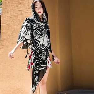 Black and white printed sun protection shawl beach towel for women stylish summer wrap scarf