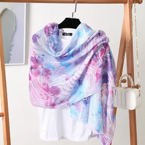 Women spring summer floral print scarf, digital printed shawl and sun protection wrap.